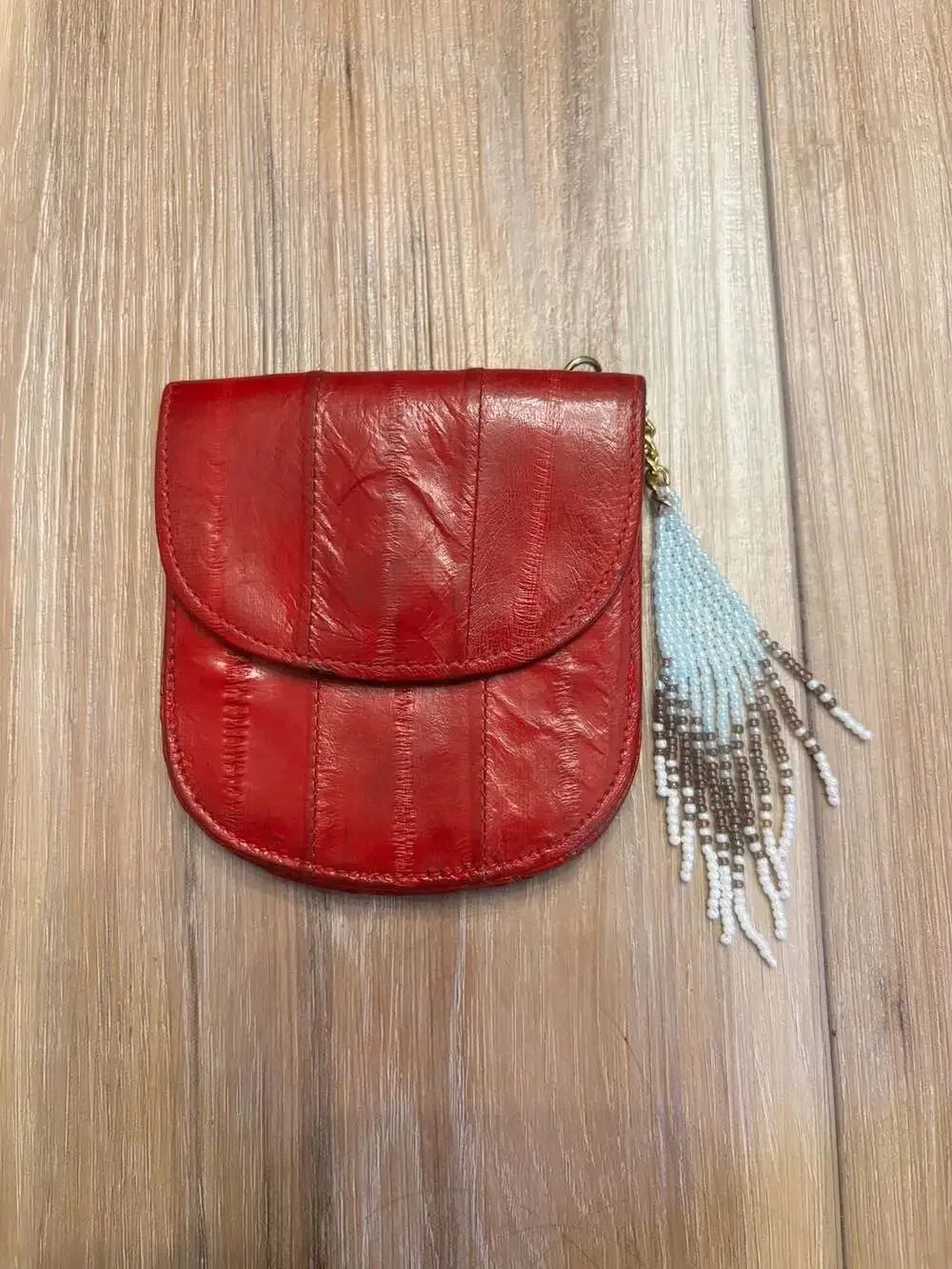 Genuine Eel Skin Handmade Mini Wallet Coin Pouch with Beaded Tassel